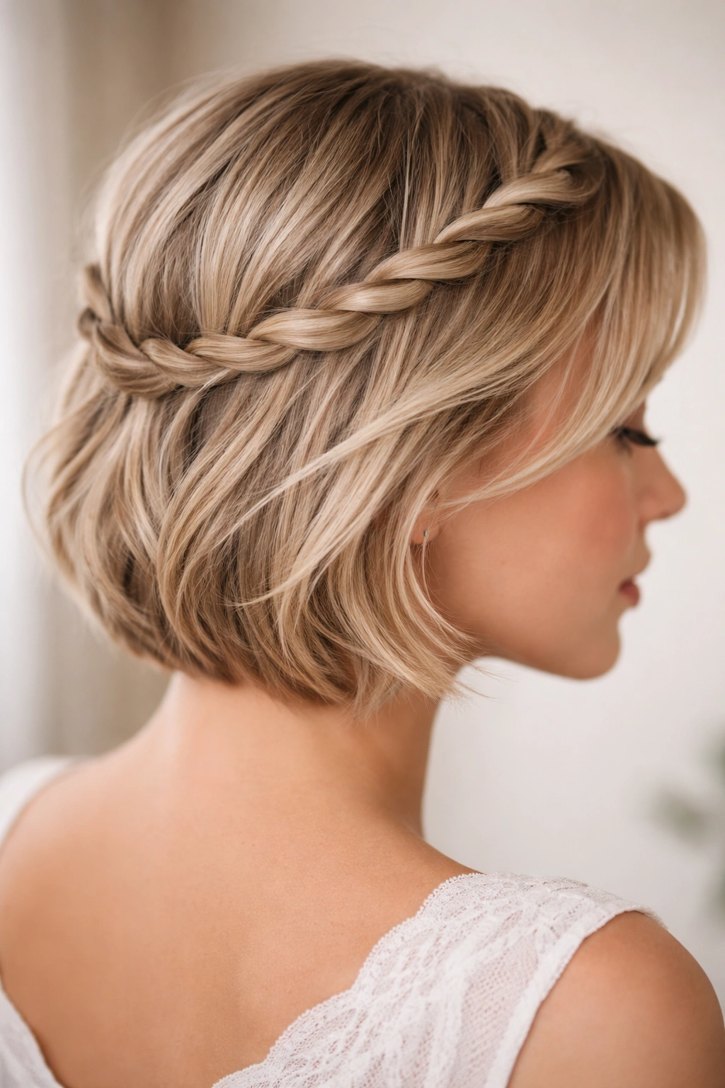 20 Short Braided Hairstyles To Pin Right Now 7 Close-up of two delicate twisted crown braids framing the face on fine hair
