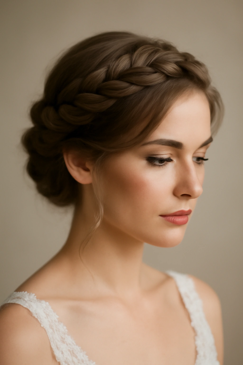 10 Short Bridal Hairstyles That Photograph Beautifully 1 Close-up of a bridal twisted crown hairstyle with halo effect