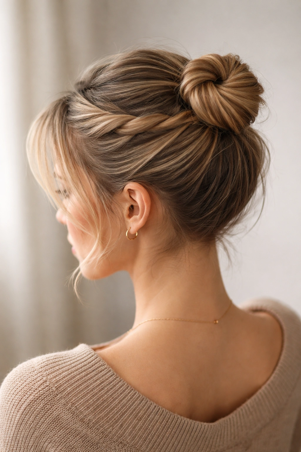Top view of twisted crown bun on short hair, crown height evident.
