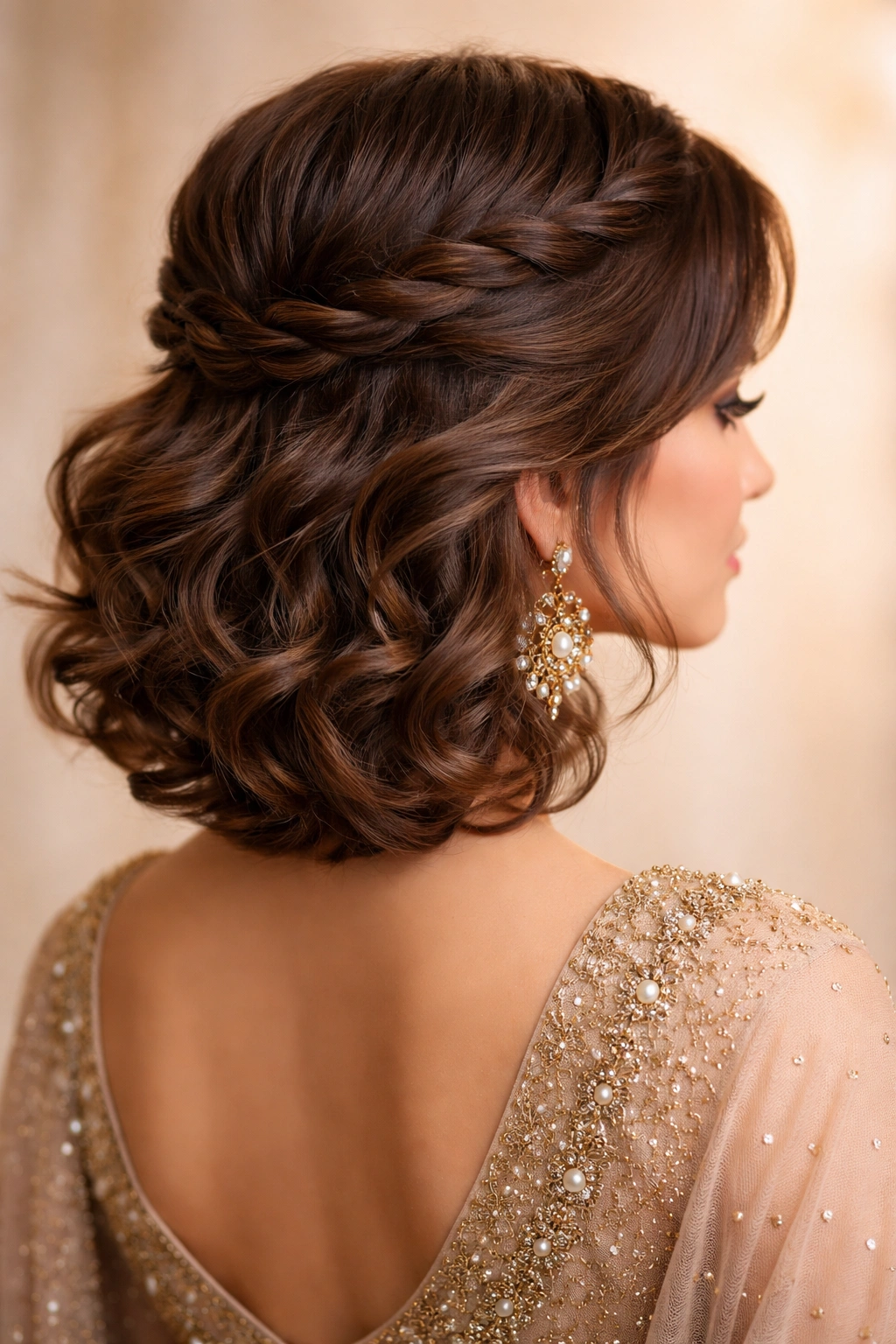 Twisted crown with cascading curls framing the face