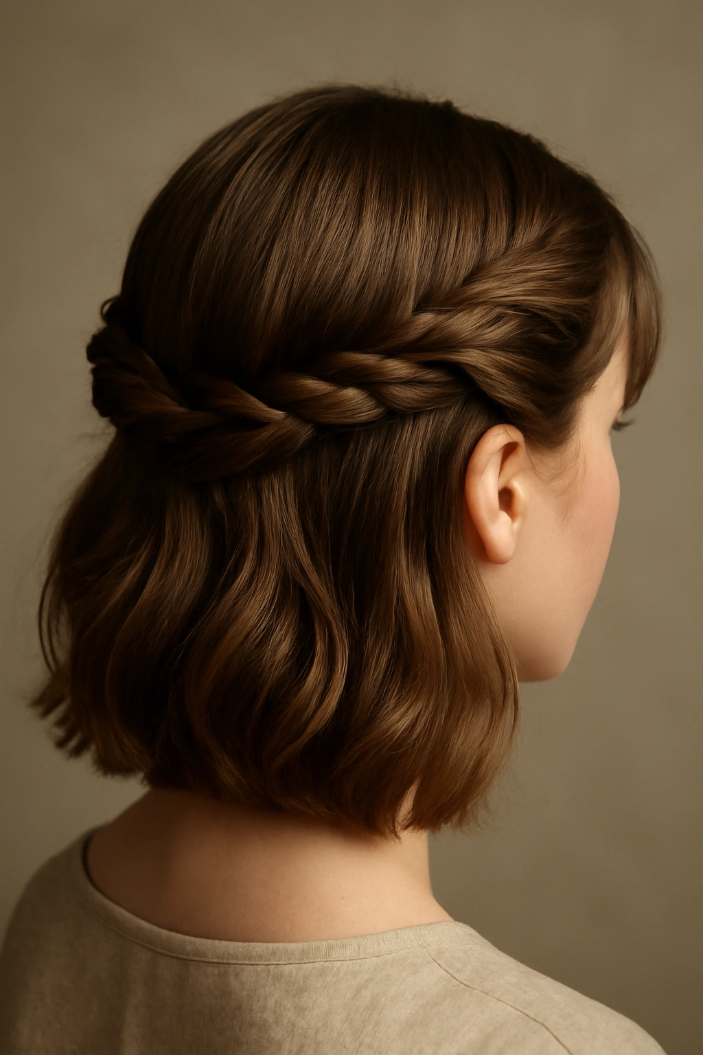 15 Formal Hairstyle Ideas Sorted by Hair Length 7 Close-up of a medium-length hairstyle with a twisted crown around a deep center part.