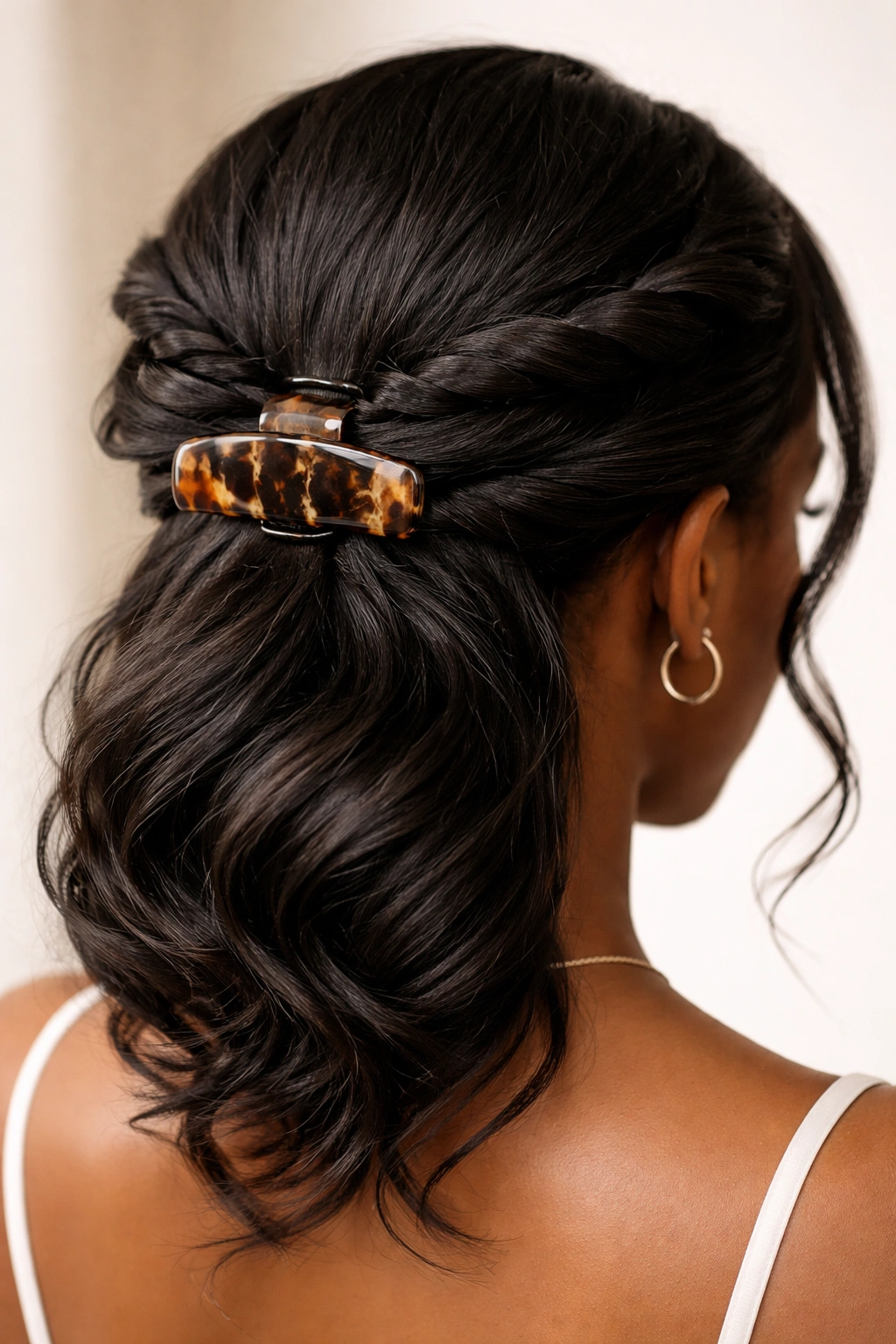 Twisted crown twists meeting at back secured by claw clip