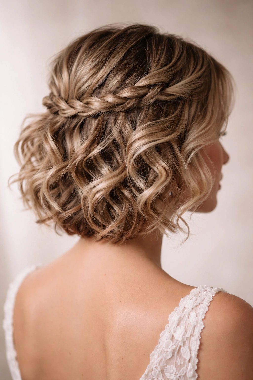 Twisted crown with curls forming a romantic silhouette