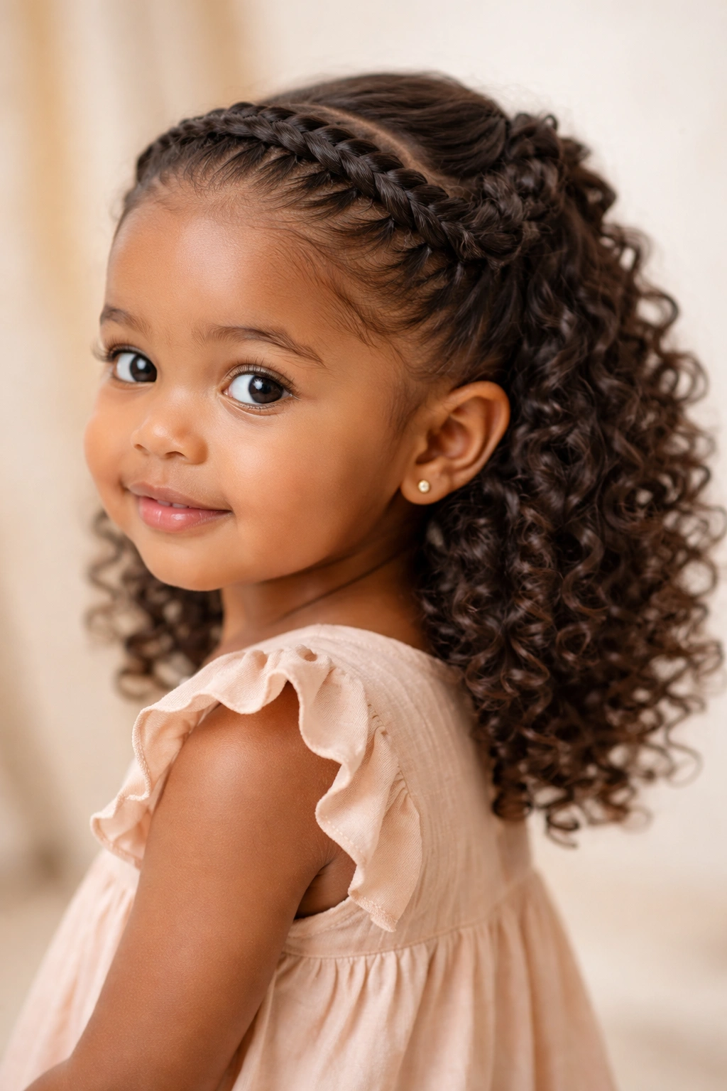 Three-quarter view of a toddler with a twisted crown and loose curls