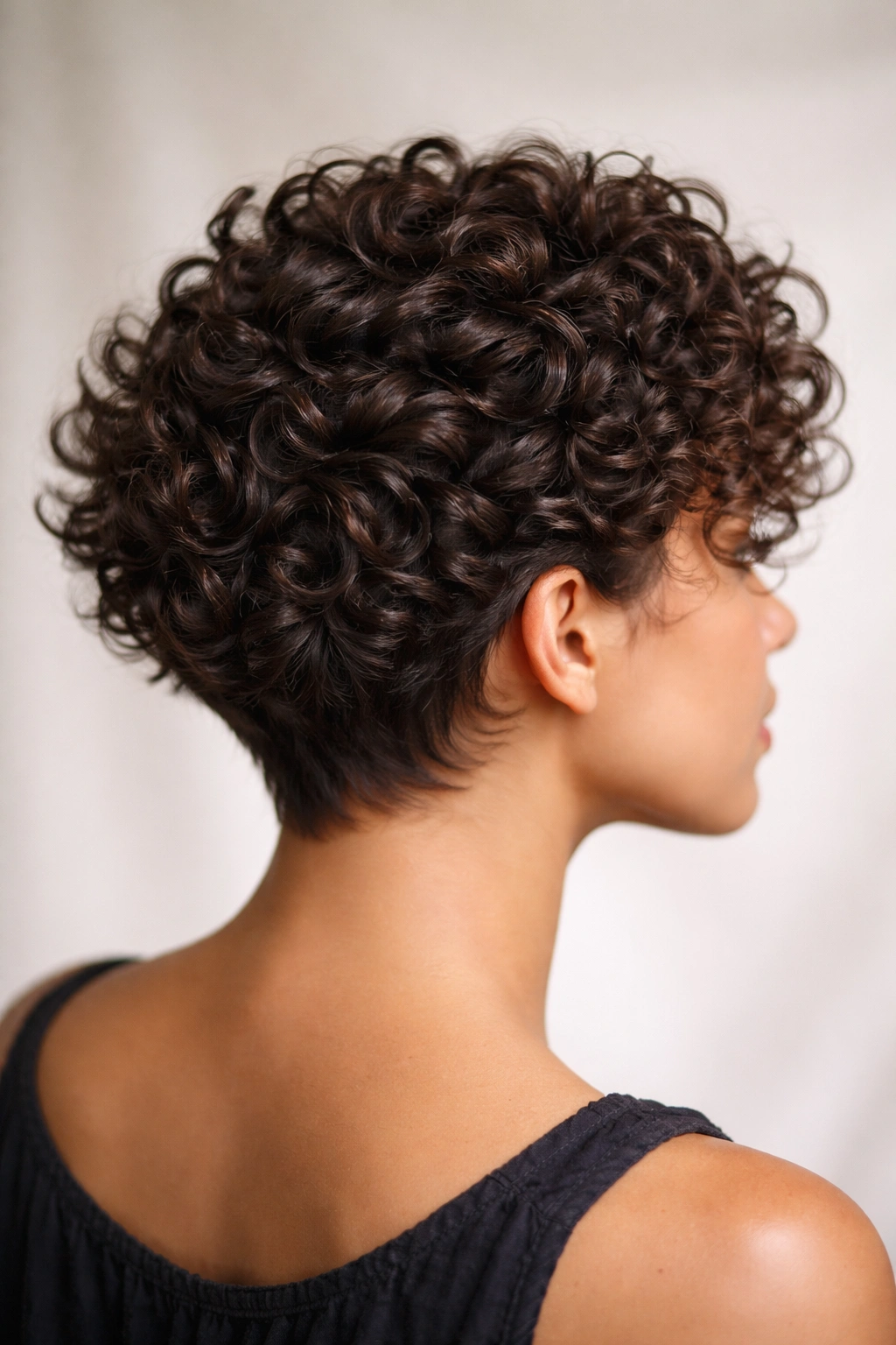 Portrait of twisted crown cut showing spiral curl pattern around the crown