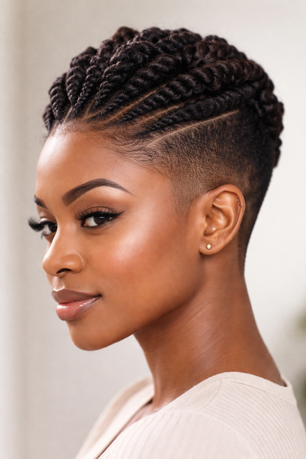Close-up of a twisted crown hairstyle with faded sides