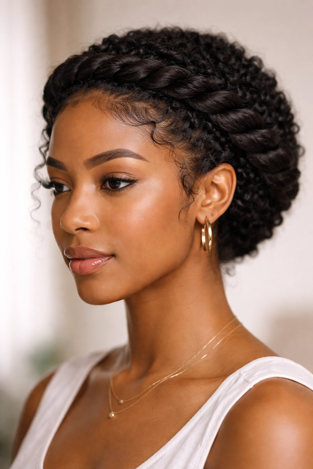 10 Hairstyles For Tight Curls At Every Length 3 Twisted crown hairstyle with two flat twists forming a crown