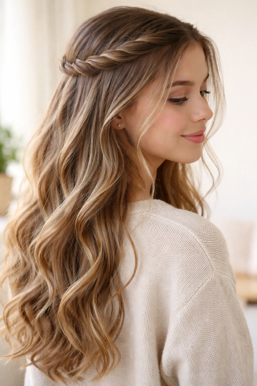 Twisted crown with two front twist sections and loose waves in back