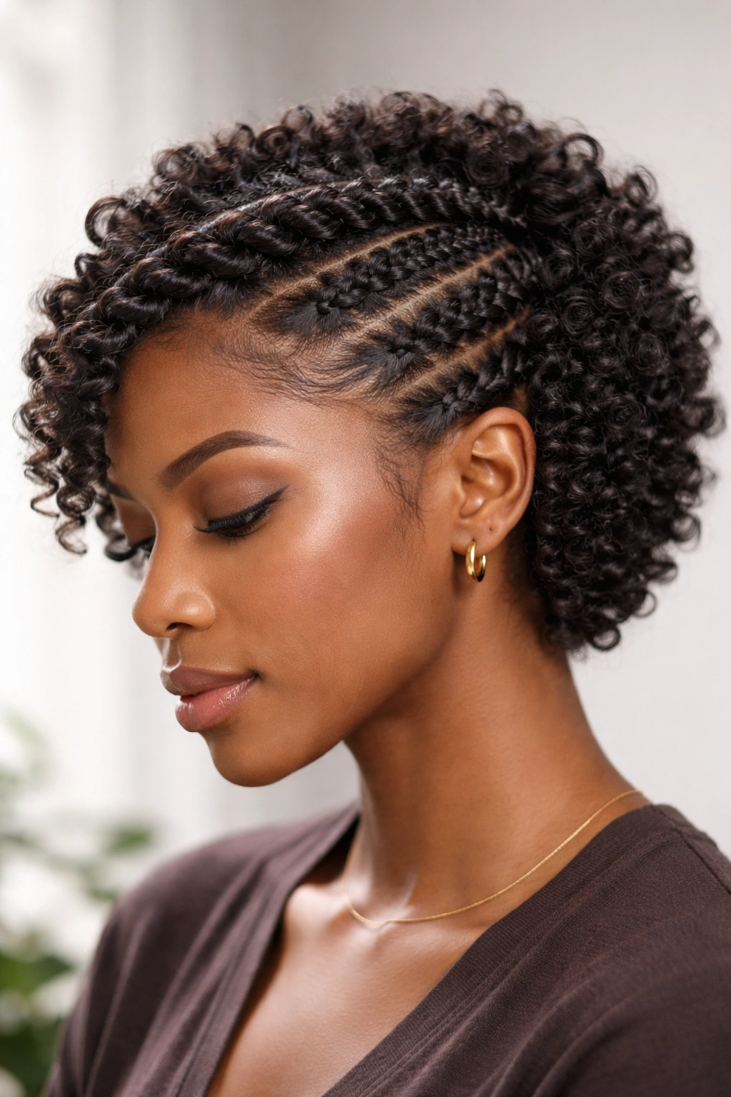 Crown-style twists across the top of short natural hair with flowing sides
