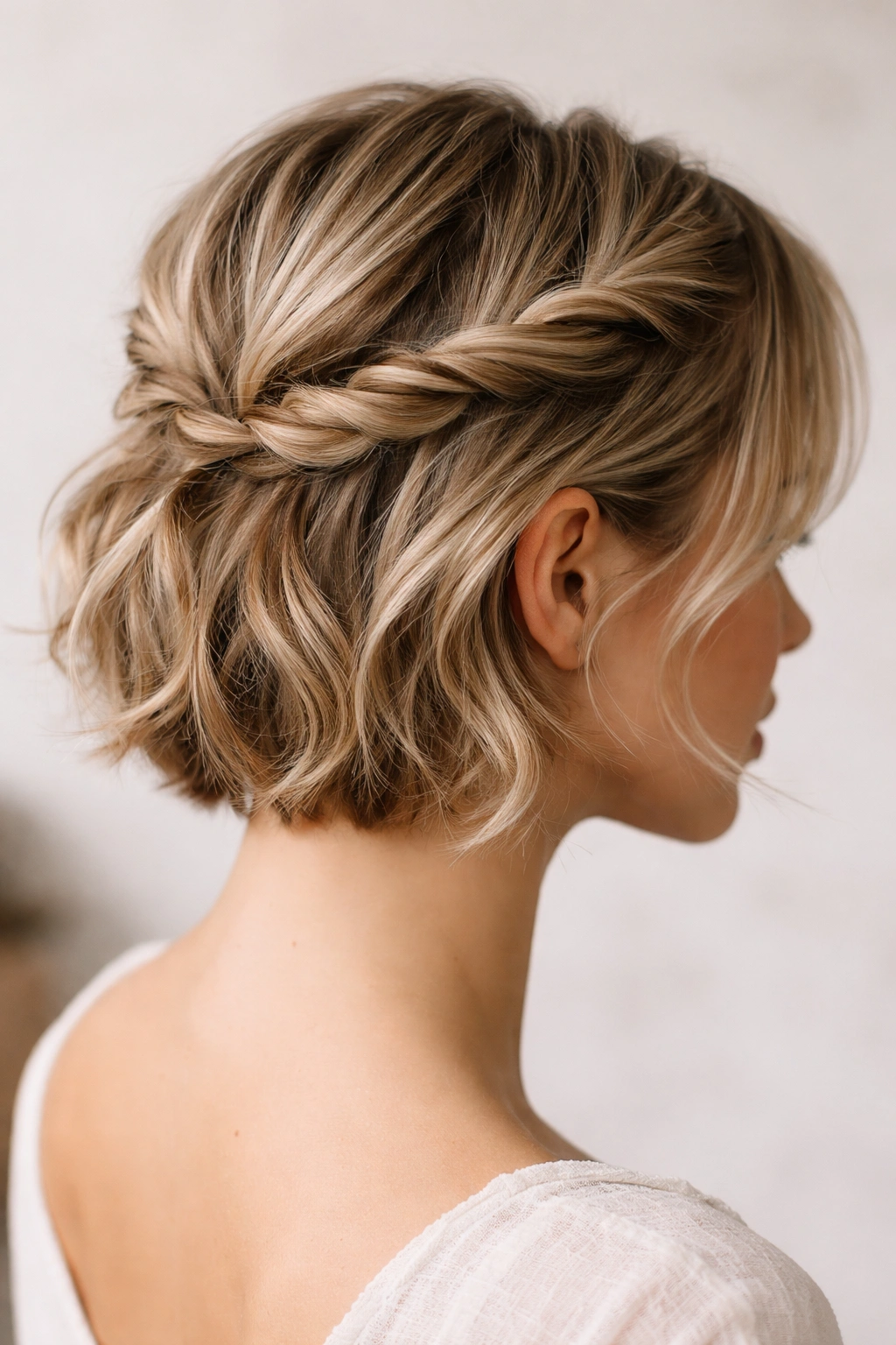 Twisted crown hairstyle with exposed short ends
