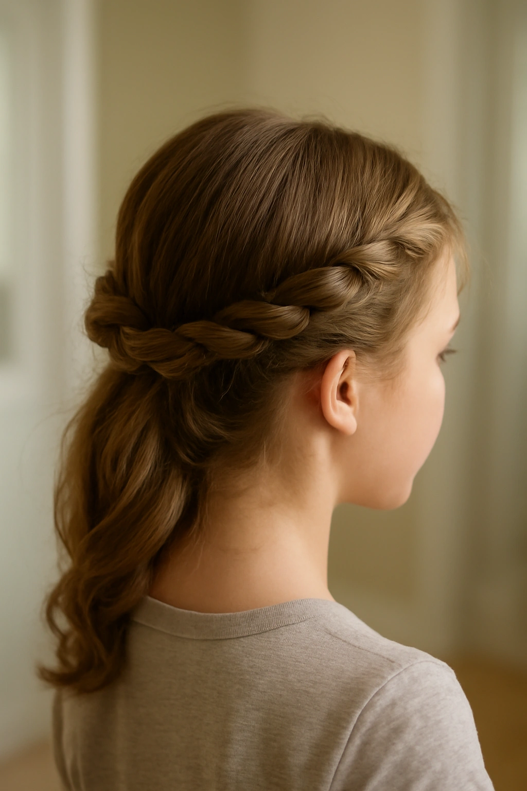 10 Quick School Morning Hairstyles for Busy Girls 7 Close-up of a child's head showing a twisted crown hairstyle with two rope-like twists