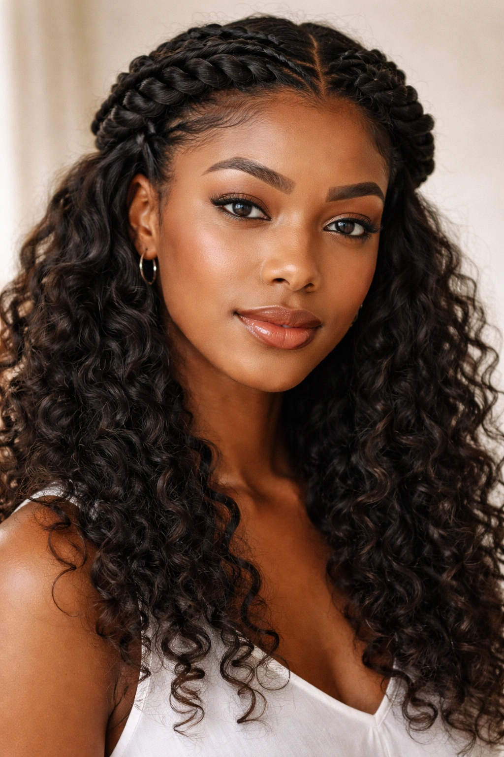 25 Natural Hairstyles Black Women Are Rocking Now 14 Portrait of a twisted crown hairstyle with loose ends framing the face.