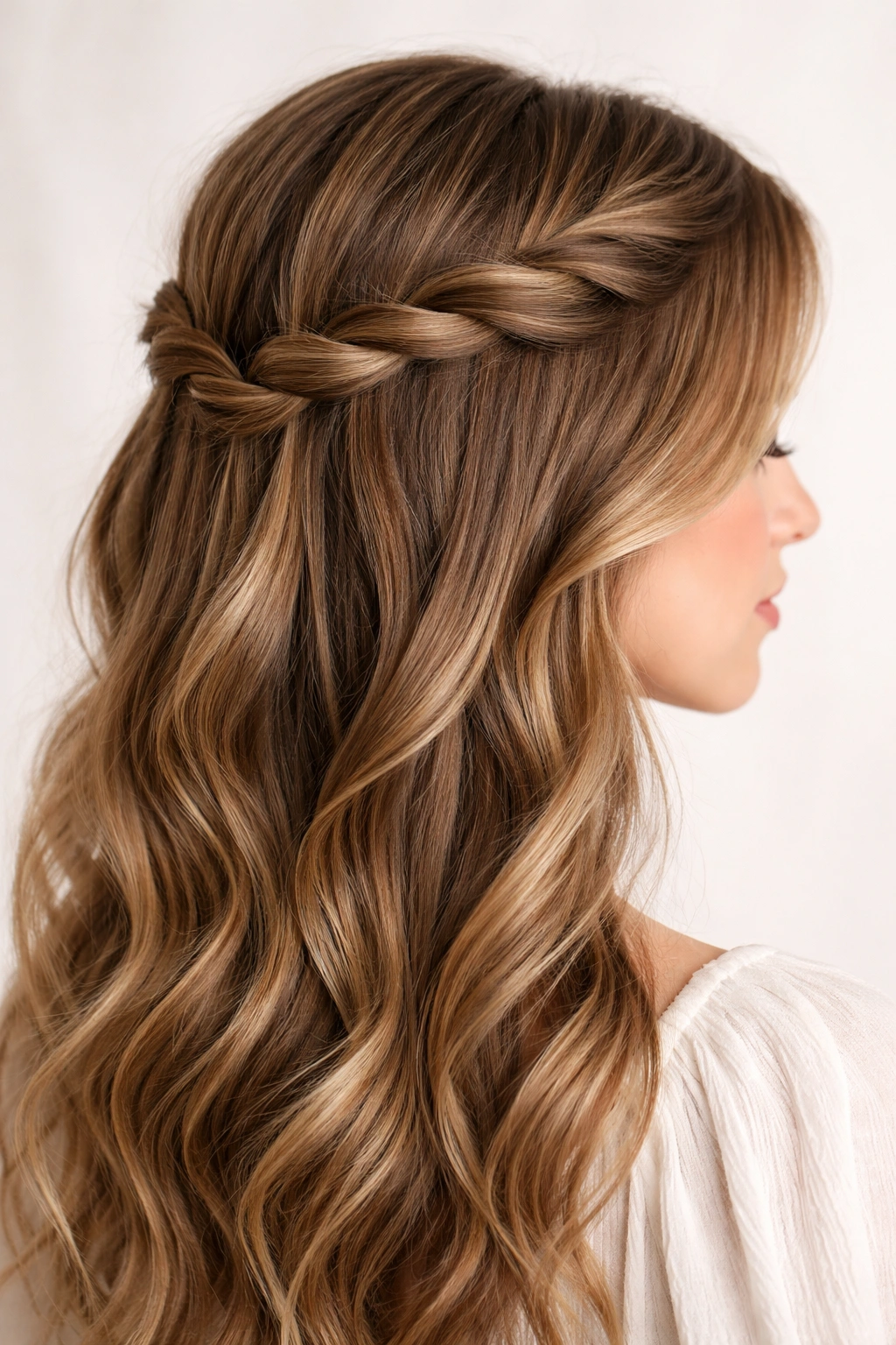 Close-up of twisted crown hairstyle with sections pinned at the back