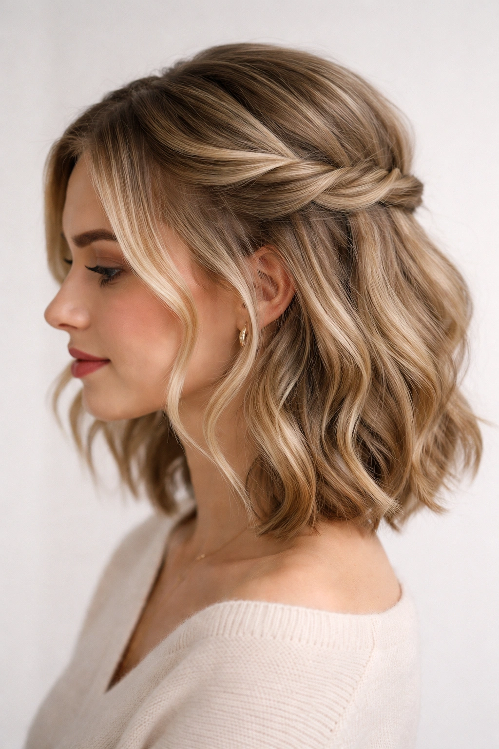 Close-up of The Twisted Crown Half Up hairstyle on short hair with two loose twists framing the face.