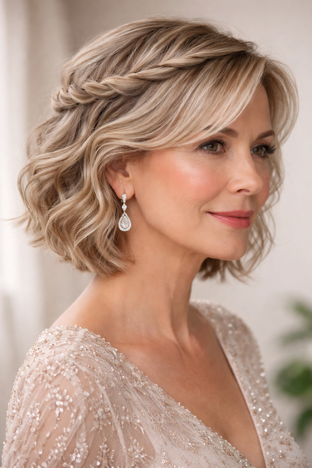 Twisted crown with loose waves on short hair, elegant and romantic