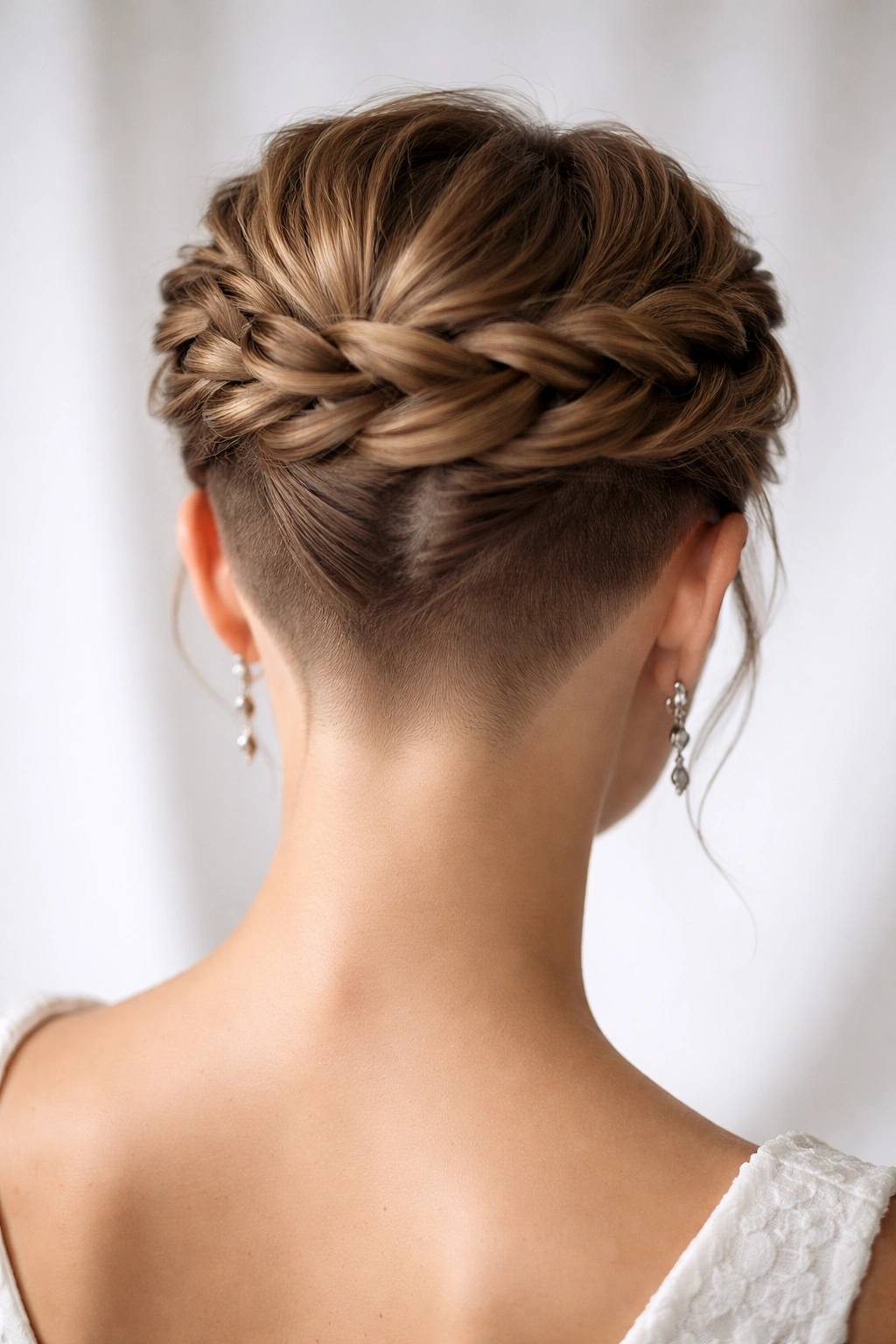 Twisted crown hairstyle with shaved nape detail