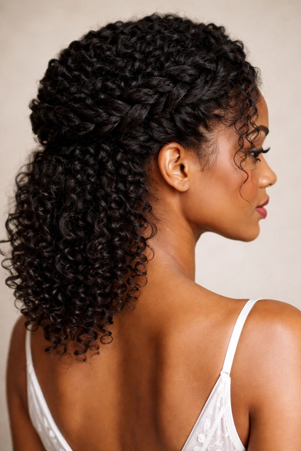 Close-up of twisted crown hairstyle on natural textured hair, wedding updo.