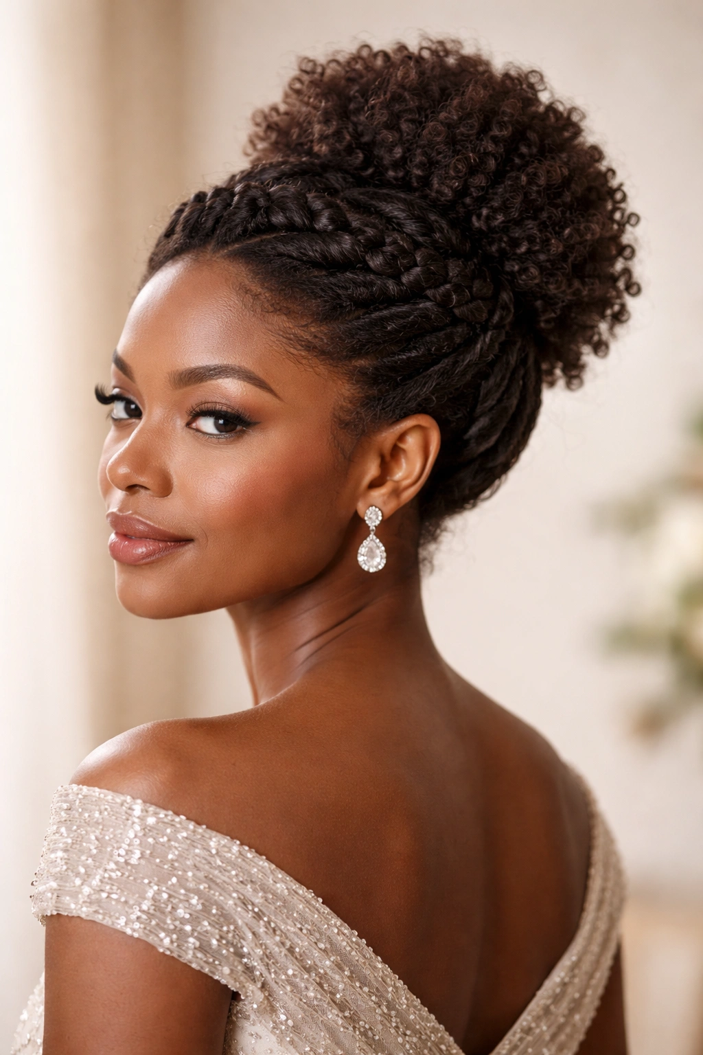 Romantic twisted crown with a center puff highlighting texture and balance