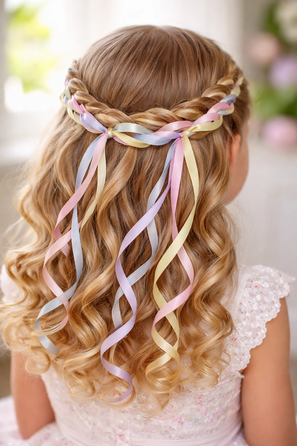 Front view of twisted crown with pastel ribbons and curls