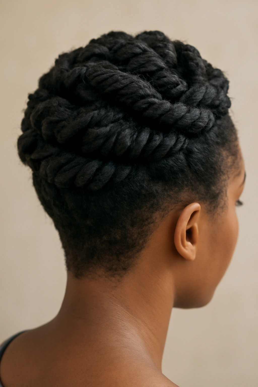 12 Short Relaxed Hairstyles Black Women Will Love 10 Top view of a head with twists forming a crown on top and short back