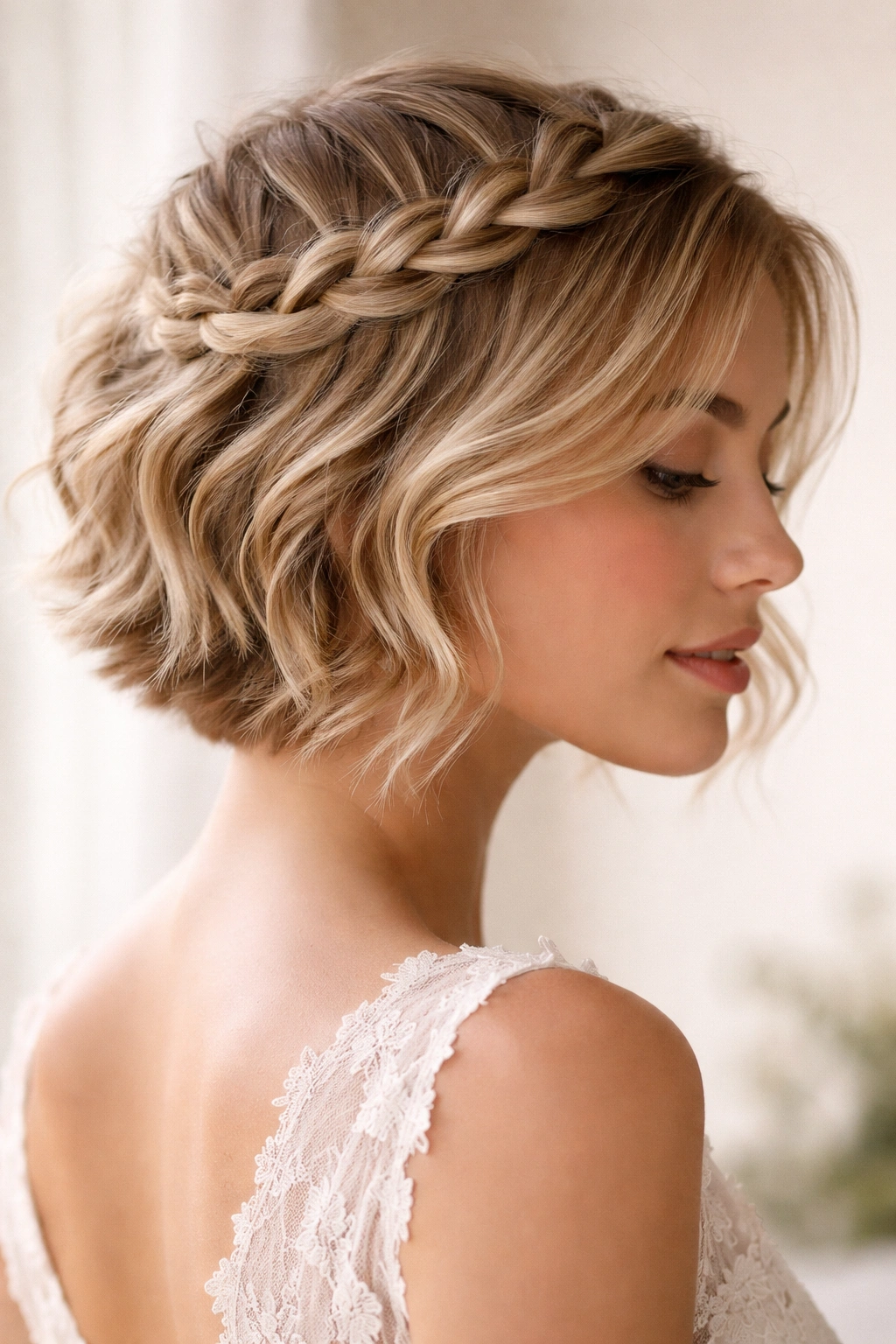 Close-up of short hair with a twisted crown and loose ends