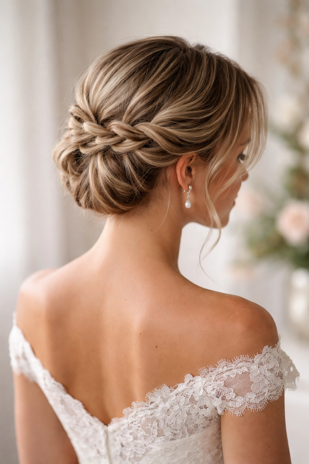 Close-up back view of The Twisted Crown hairstyle on short hair with soft twists forming a low crown