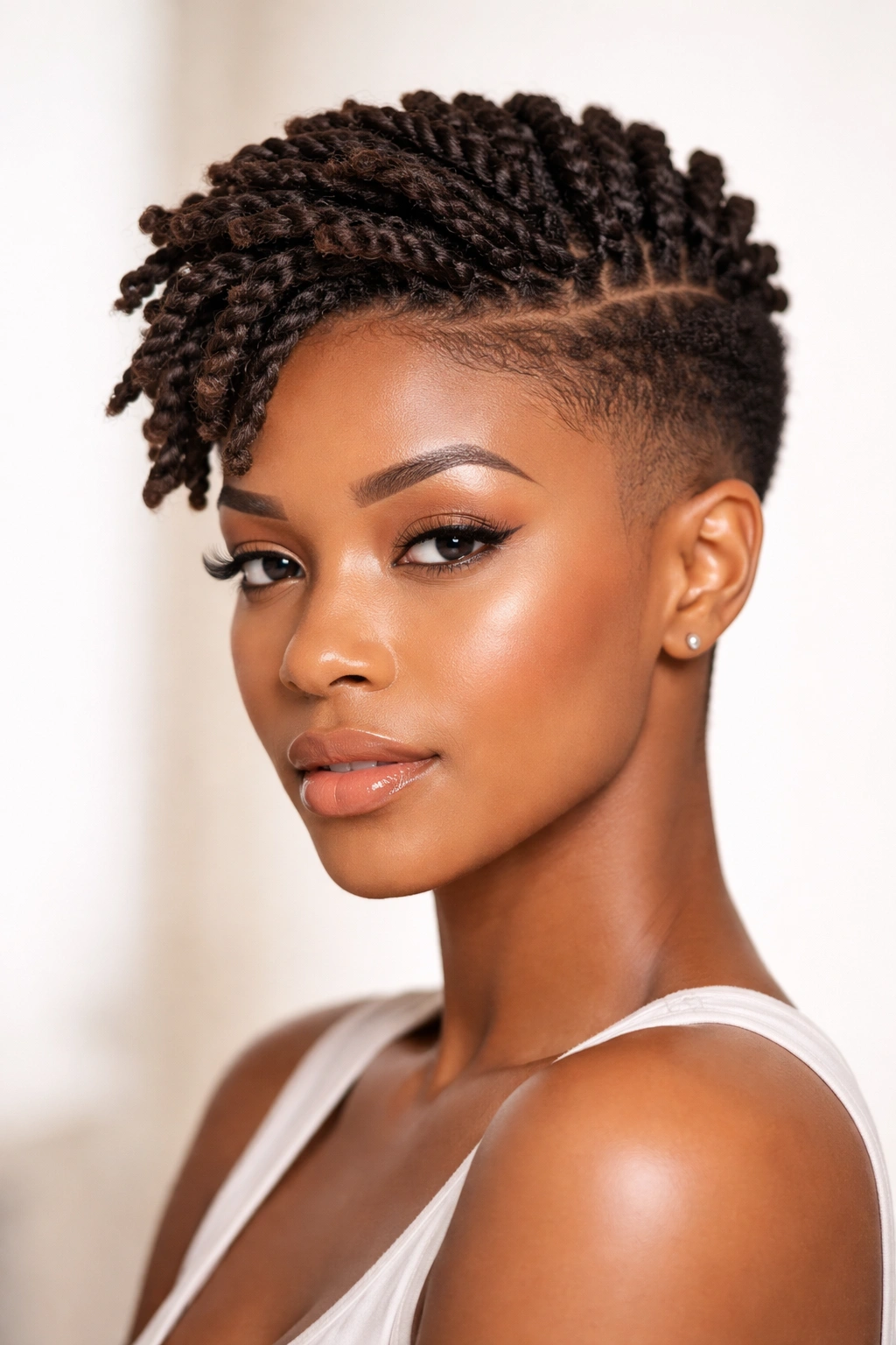 Frontal view of a Black woman with a twisted crown and short sides