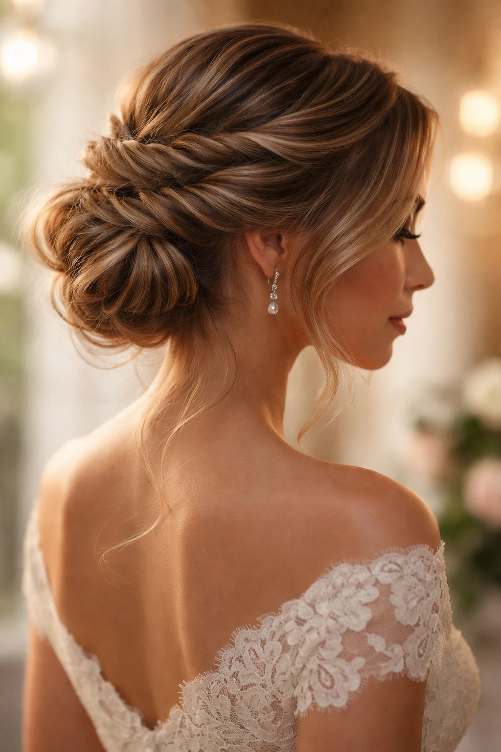 Twisted crown updo with halo-like twists around the crown