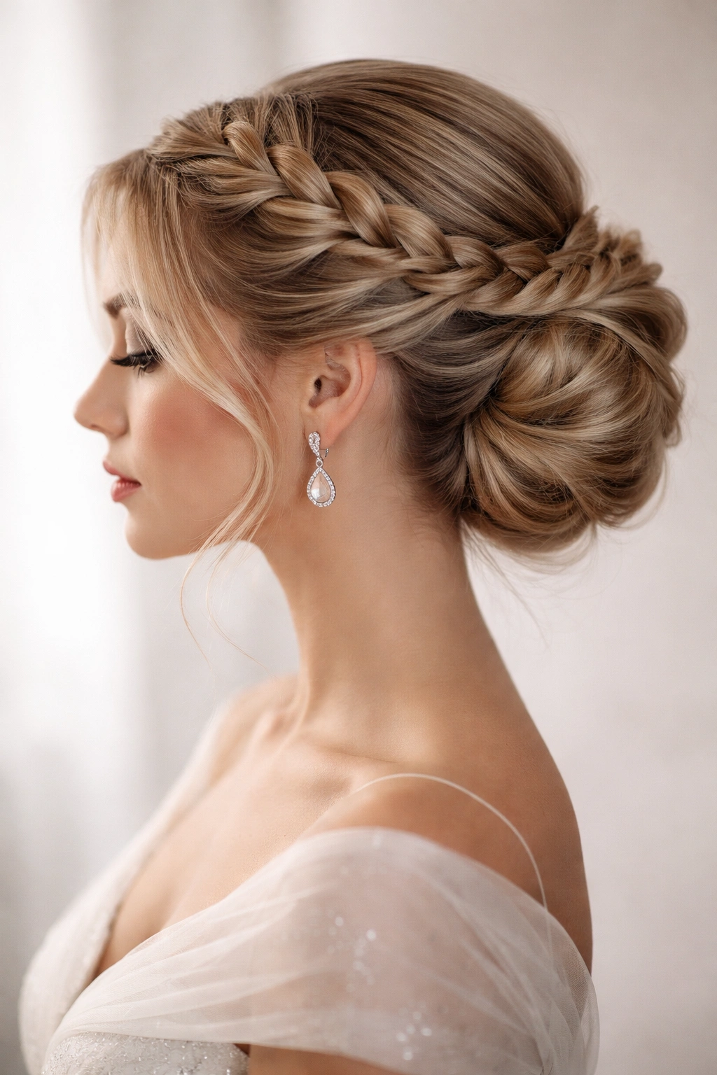 Close-up profile of a twisted crown updo with crown twists and a refined back-updo