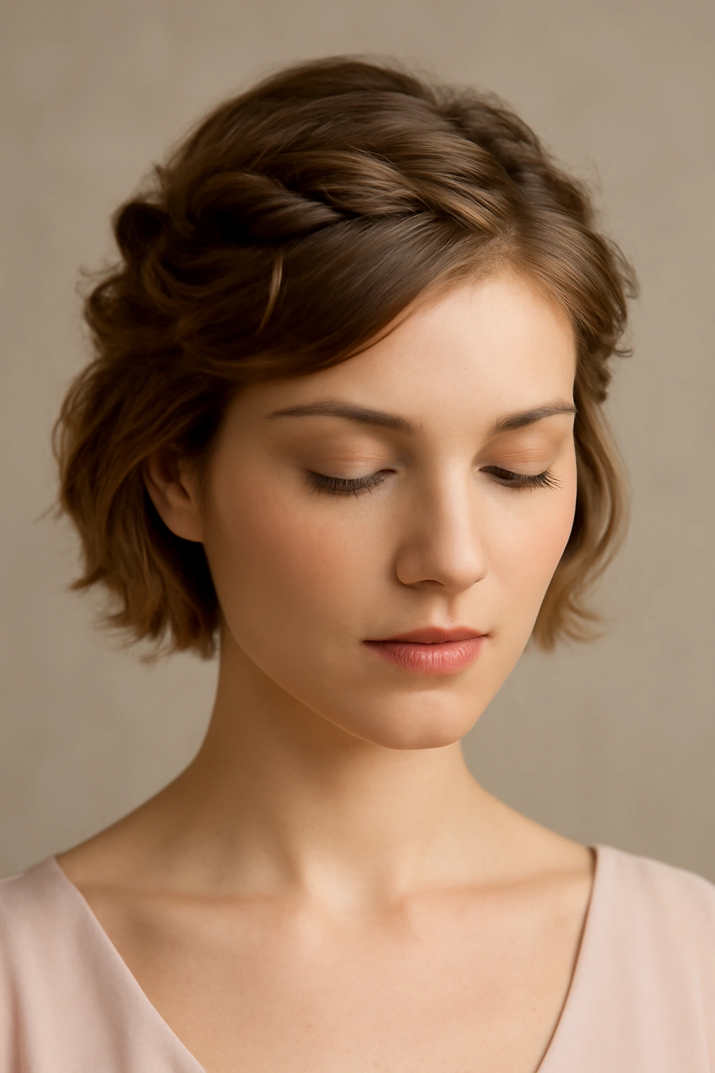 10 Pretty Bridesmaid Hairstyles for Short Hair 3 Twisted crown updo with loose twists around the crown