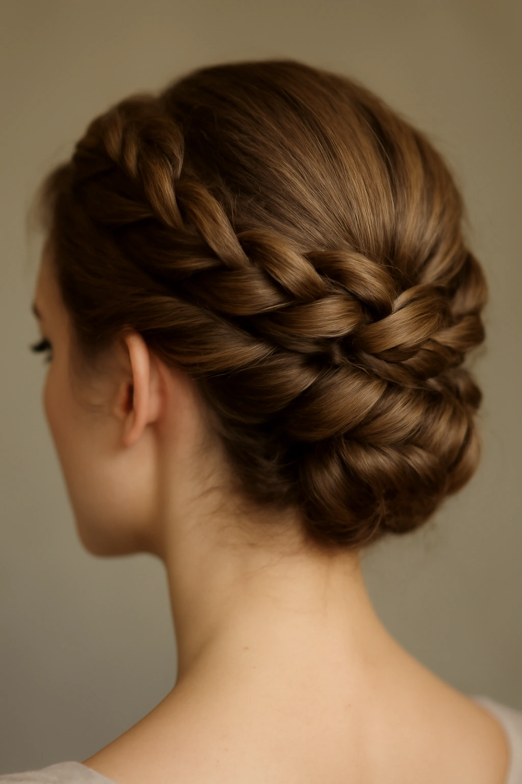 8 Classic Updos That Work for Any Formal Occasion 7 Close-up of a woman's head with a twisted crown updo highlighting textured hair in a sculptural style