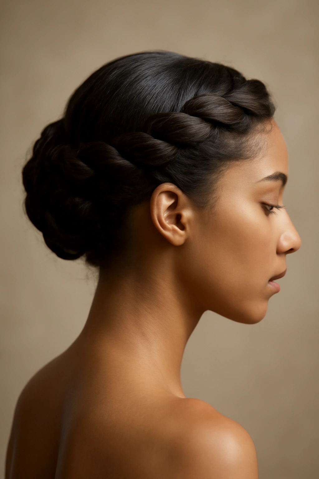 8 Sleek Updos for Black Tie and Formal Events 4 Close-up of twisted crown updo with halo effect