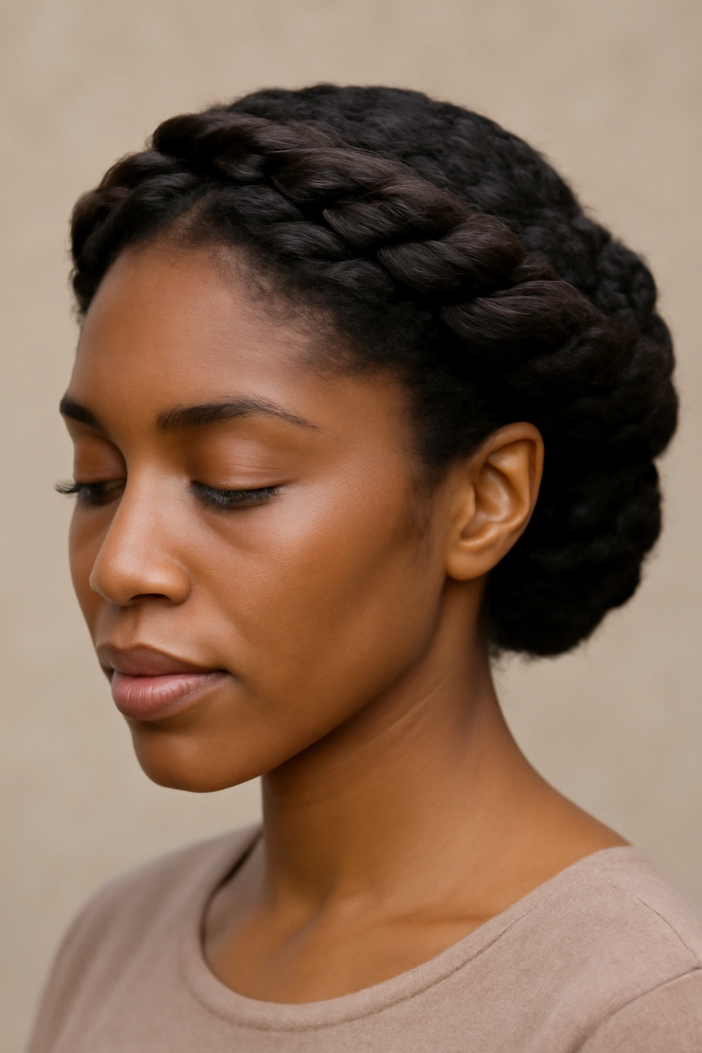 10 Pretty Natural Hair Updos for Special Occasions 2 Twisted crown updo with two spiraling twists framing the face, pinned into a low bun.