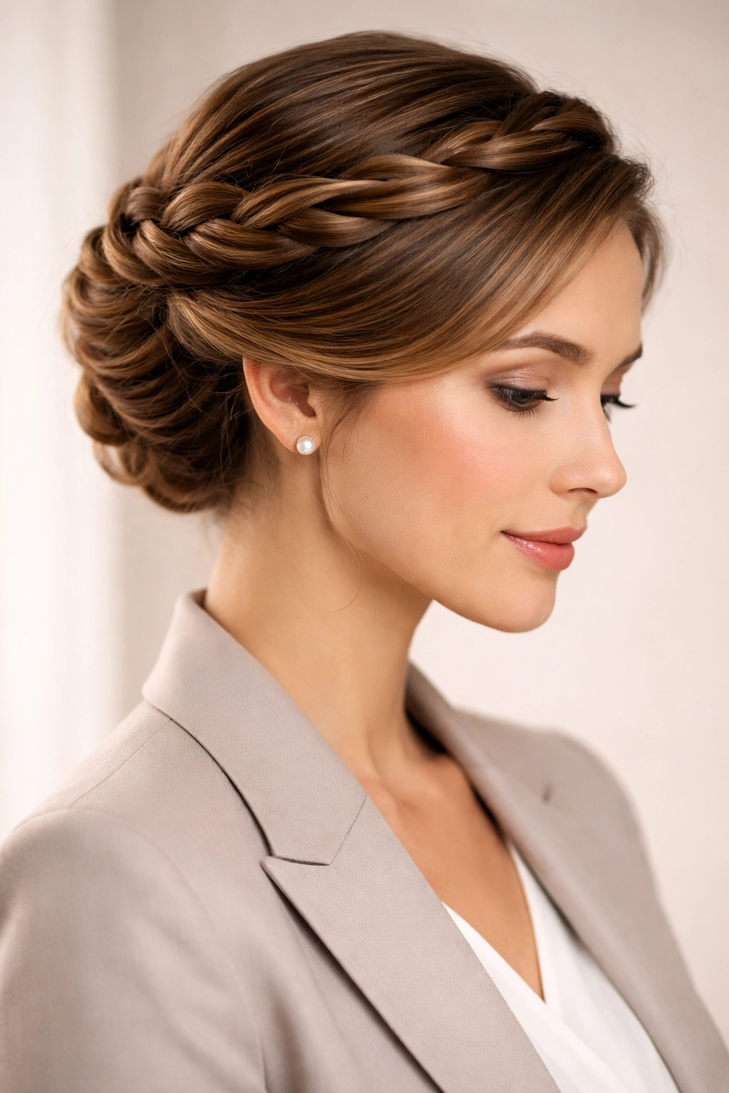 Close-up of a professional woman with a crown-twist updo halo hairstyle, polished and secure.