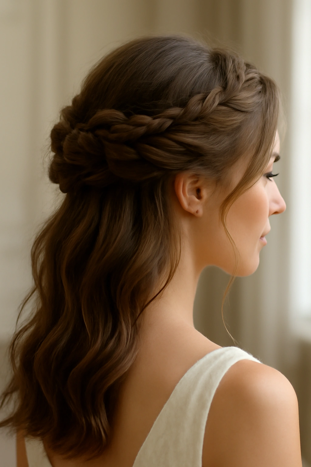 8 Romantic Updos for Weddings and Date Nights 1 Close-up of a twisted crown updo with loose waves for a romantic bridal look