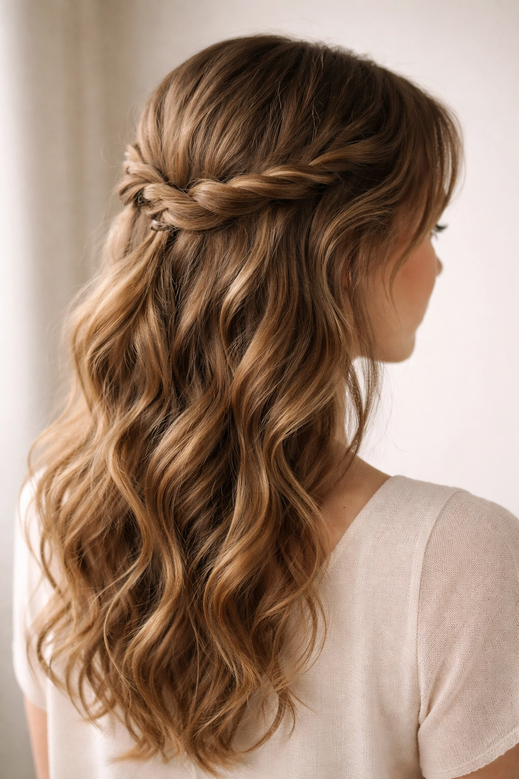 Twisted crown hairstyle with loose ends and waves