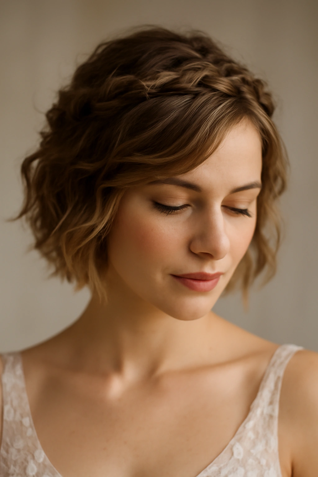 10 Wedding Hairstyles Short-Haired Brides Will Love 3 Bride with soft waves and a loose twisted crown across the head