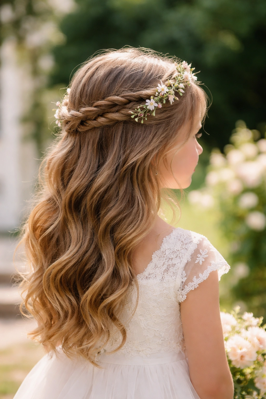 Flower girl with twisted crown and loose waves for an ethereal, romantic look