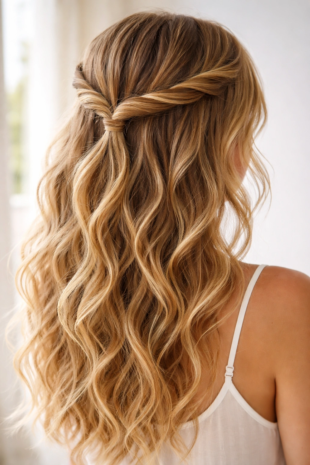 Close-up of twisted crown with wavy ends hairstyle on head