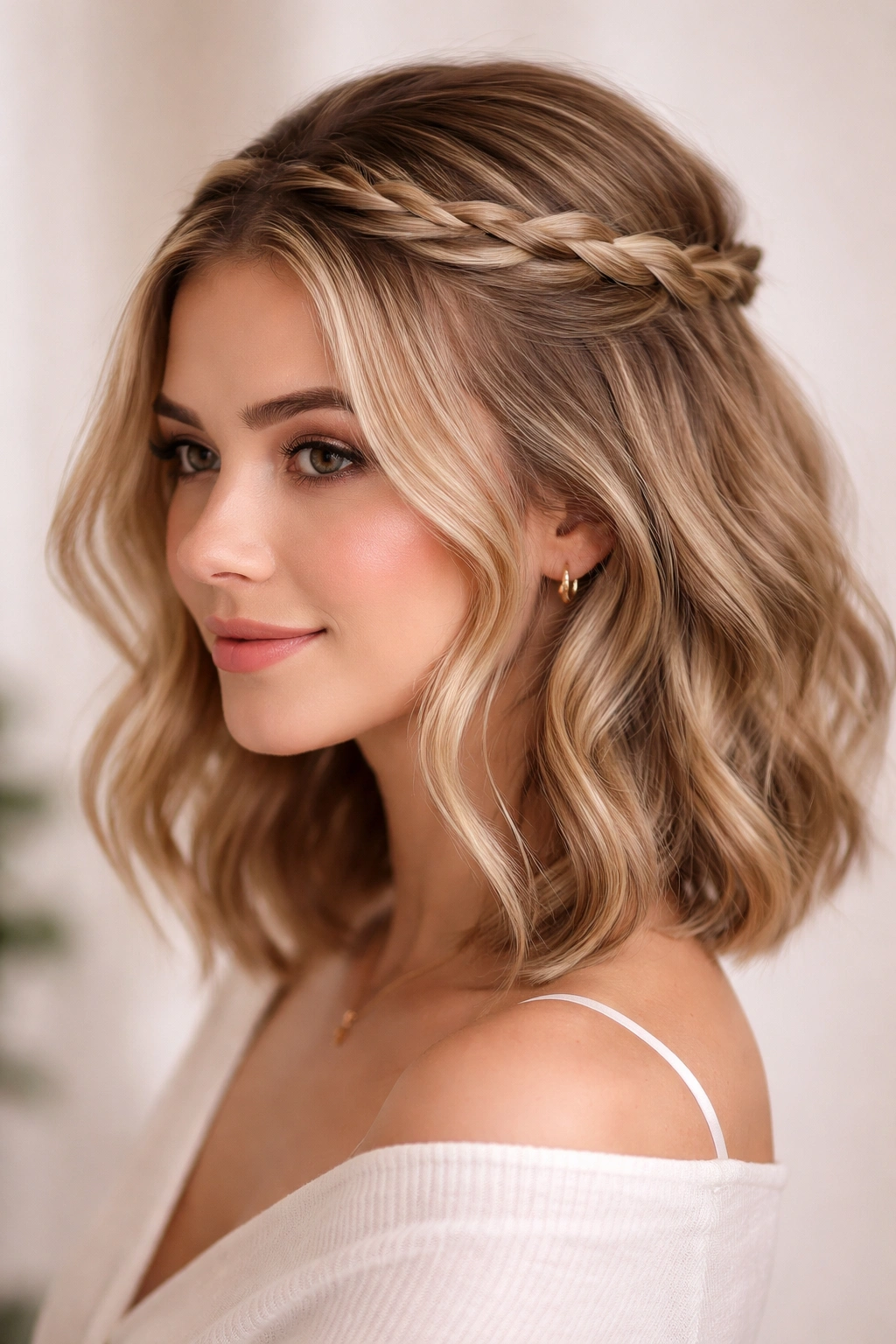 Shoulder-length bob with twisted crown and loose waves framing the face.