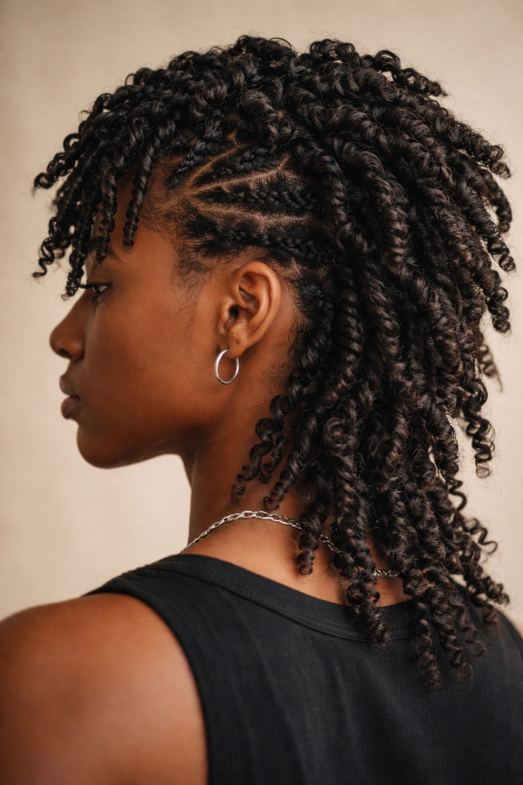 12 Curly Mullet Cuts With Serious Texture And Body 8 Close-up of a twisted curl mullet showing tight front twists and larger back twists for dramatic texture.