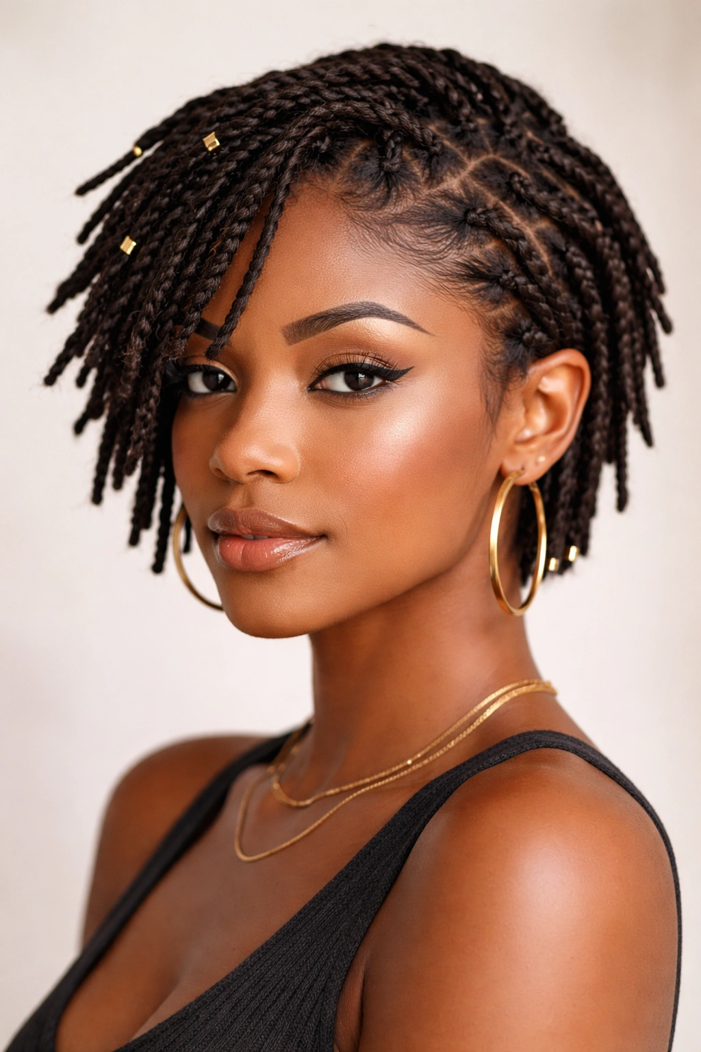 Close-up of twisted faux locs braid texture on short hair