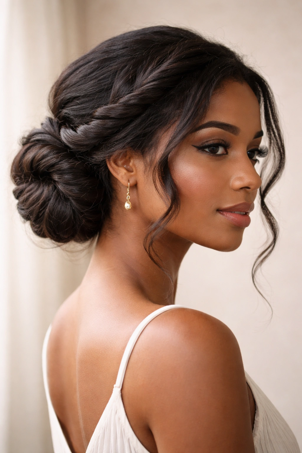 Close-up of a Twisted Goddess Knot hairstyle on a model.