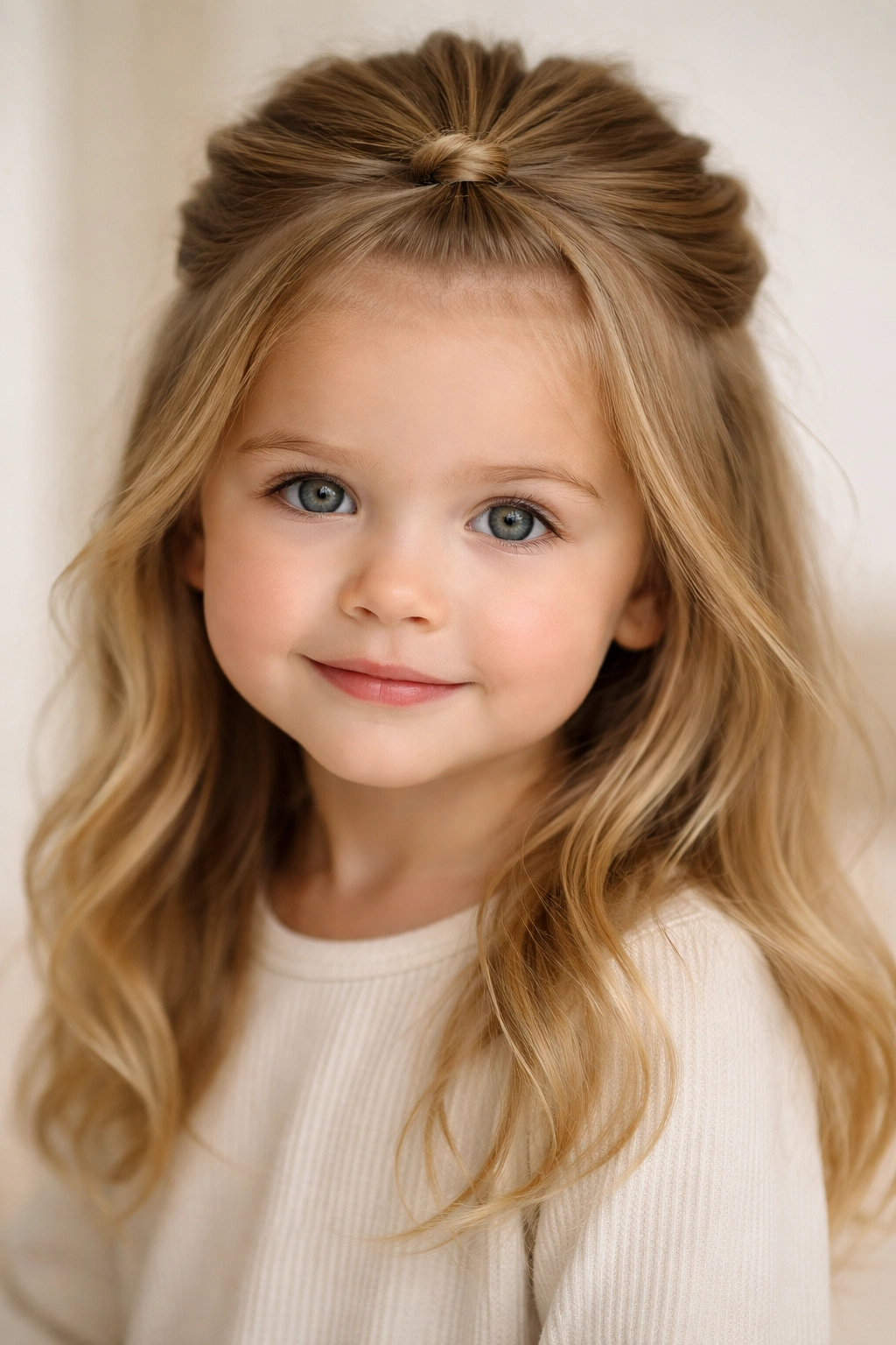 Close-up of The Twisted Half-Knot hairstyle on a toddler, crown twist and loose face-framing strands