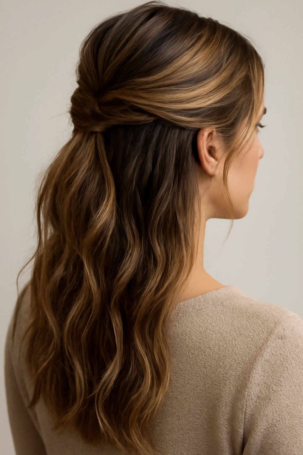 12 Easy Half Up Hairstyles for Work or Weekends 2 Twisted half ponytail with textured waves in a clean studio setting