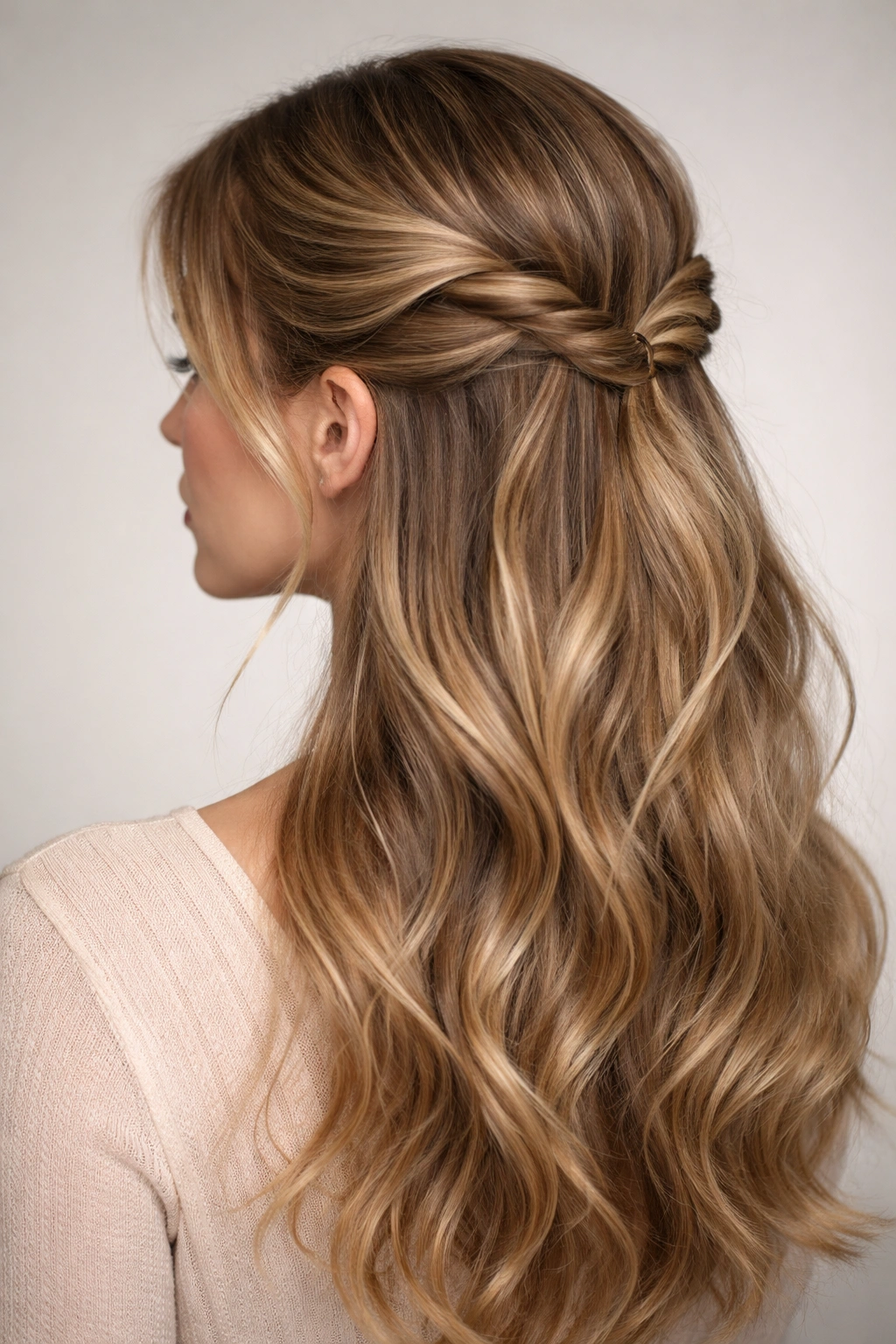 Half-up hairstyle with twisted crown sections secured at the back.