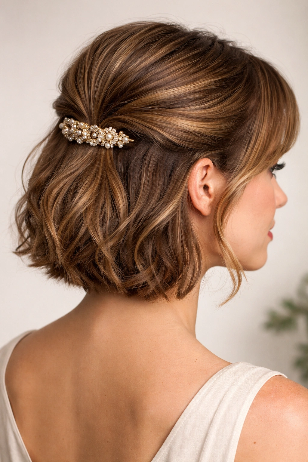 Close-up of short hair with a loose twisted half-up and decorative barrette