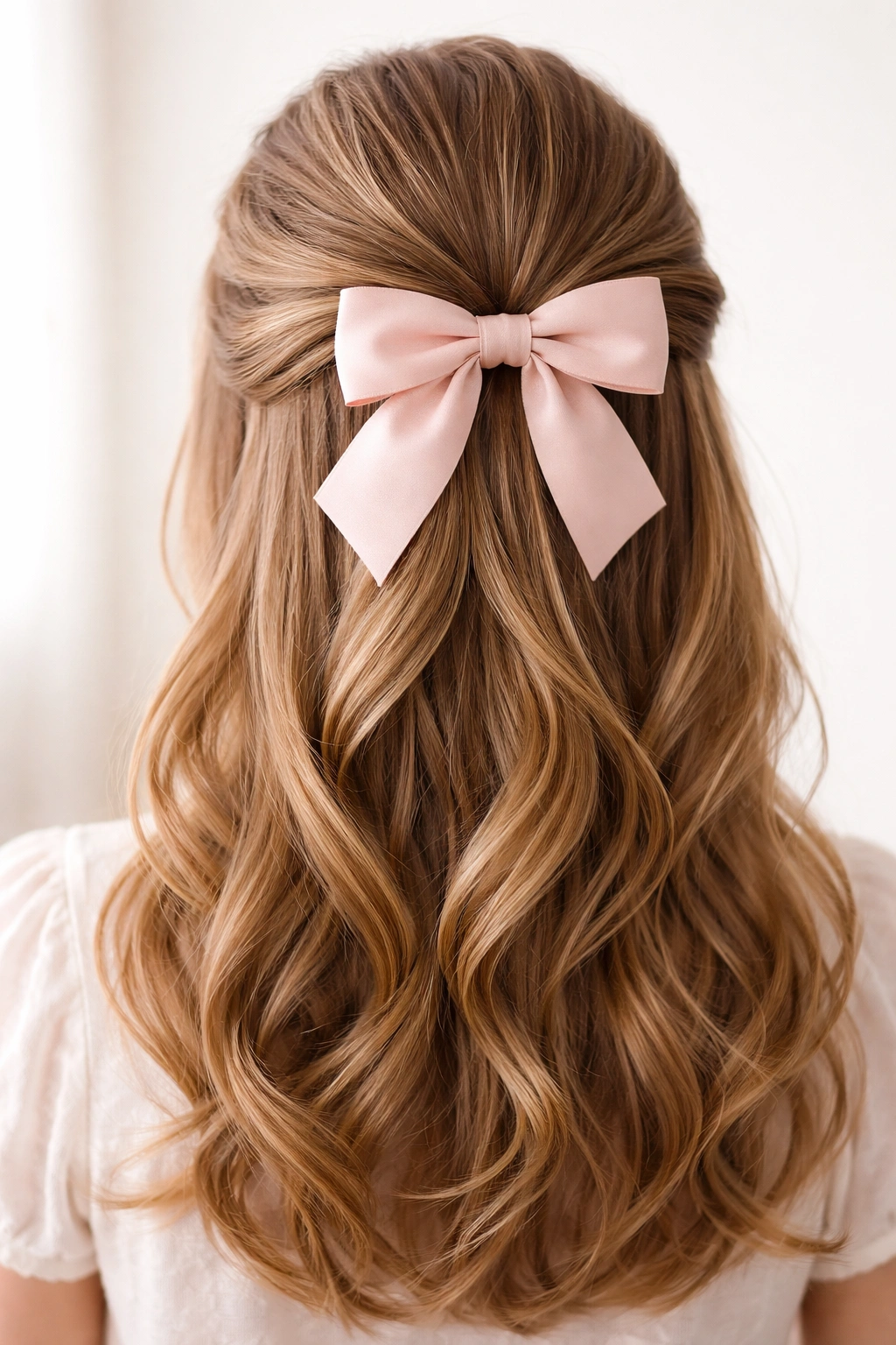 Twisted half-up hairstyle with a bow at the crown