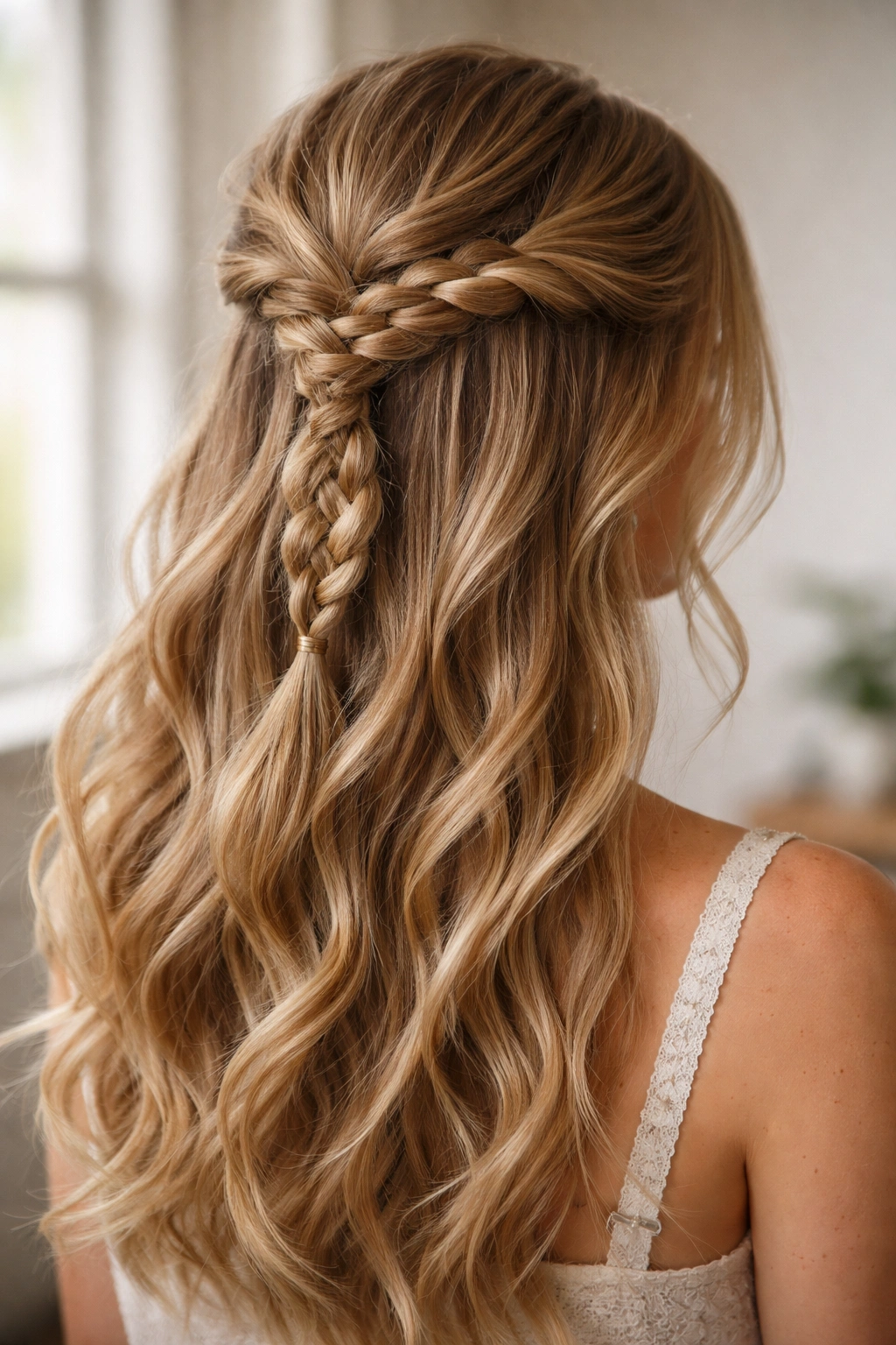 Top twisted and braided half-up hairstyle with loose bottom