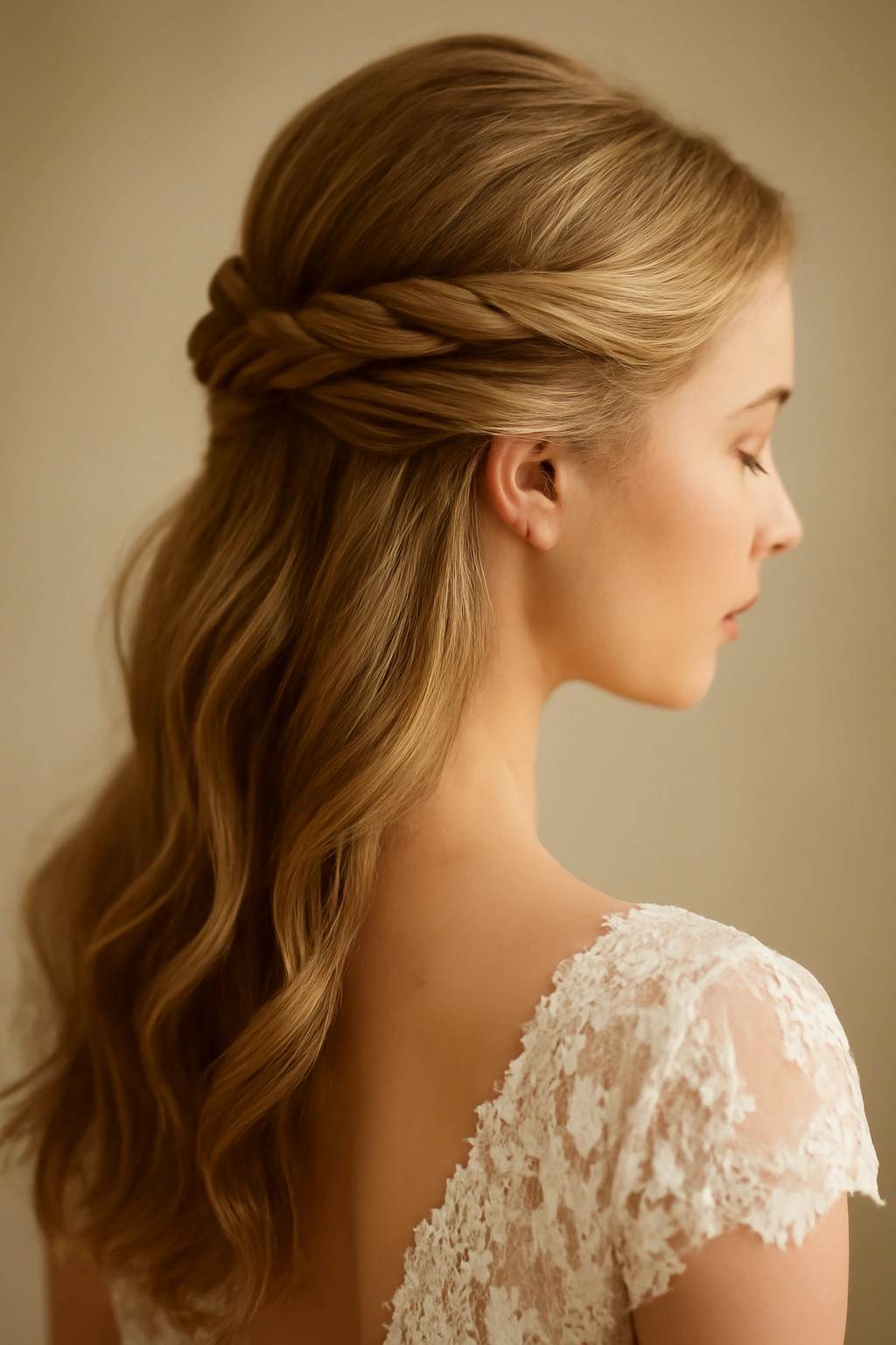 8 Half-Up Braided Styles That Were Made for Weddings 1 Close-up of a bride's twisted half-up braid with two rope twists forming an elegant half-up style.